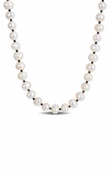 Cultured White Pearl & Black Spinel Long Necklace