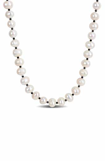 Cultured White Pearl & Black Spinel Long Necklace