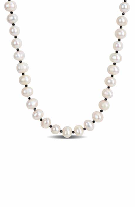 DELMAR Cultured White Pearl & Black Spinel Long Necklace