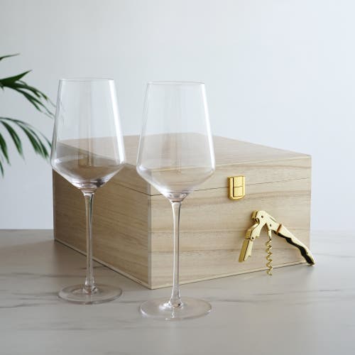 Viski Raye Crystal Angled Bordeaux Glasses & Corkscrew Gift Box Set Of 3 In Clear