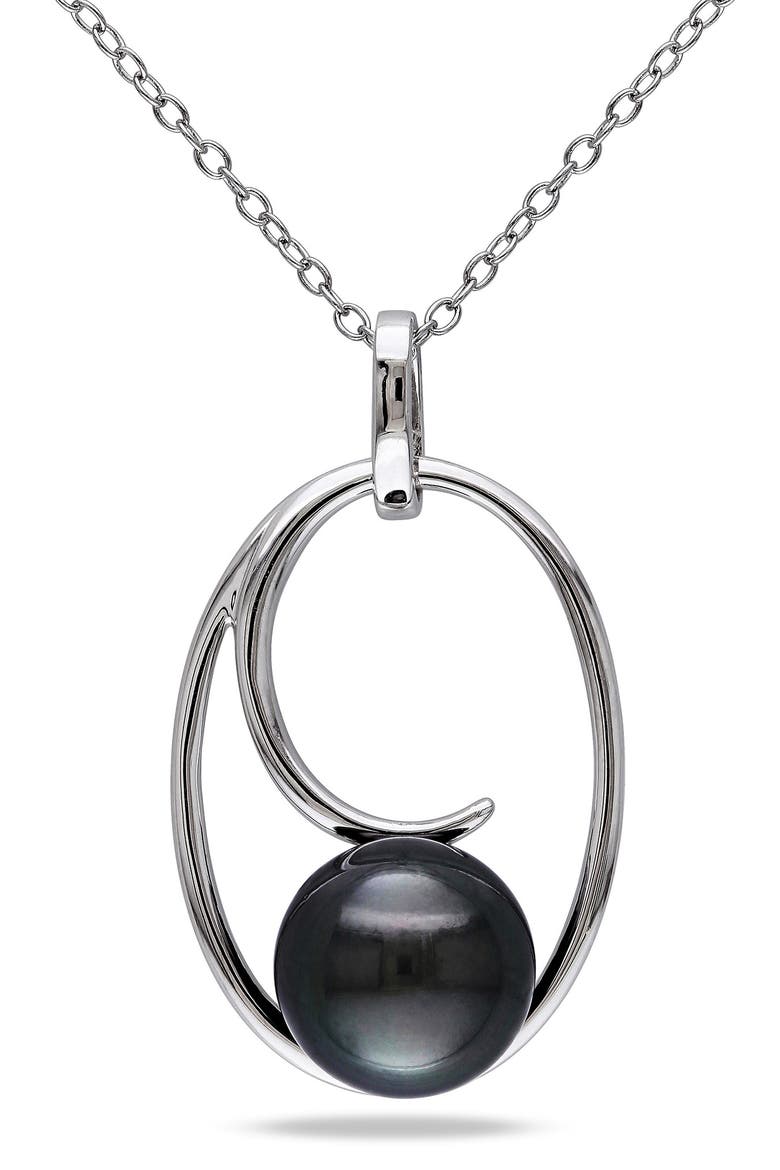 Sterling Silver 9.5-10mm Cultured Freshwater Pearl Pendant Necklace, Main, color, BLACK
