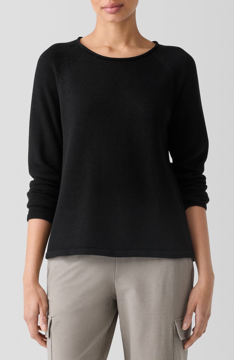 Eileen Fisher Raglan Sleeve Organic Cotton Blend Sweater, Main, color, Black