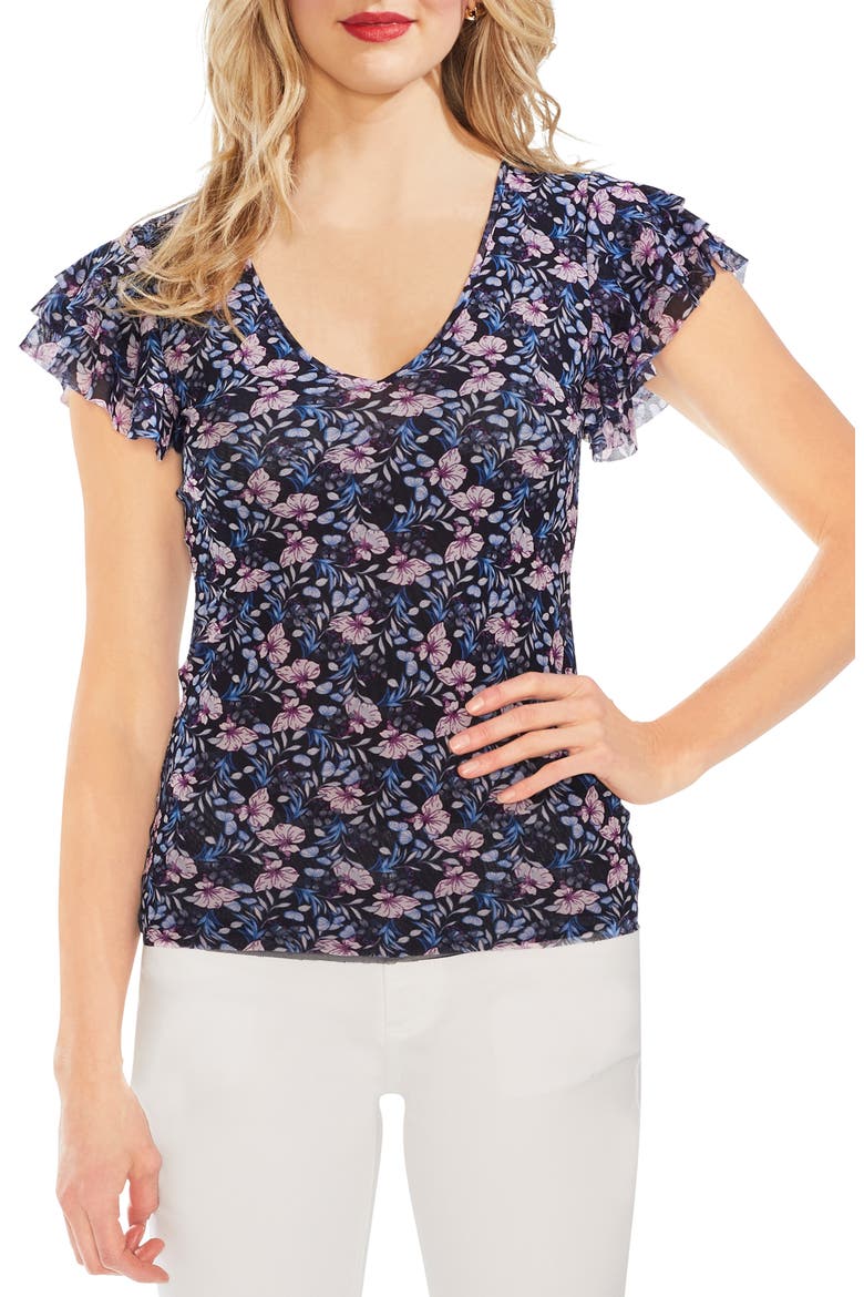 Floral Mesh Ruffle Sleeve Top, Main, color, CLASSIC NAVY