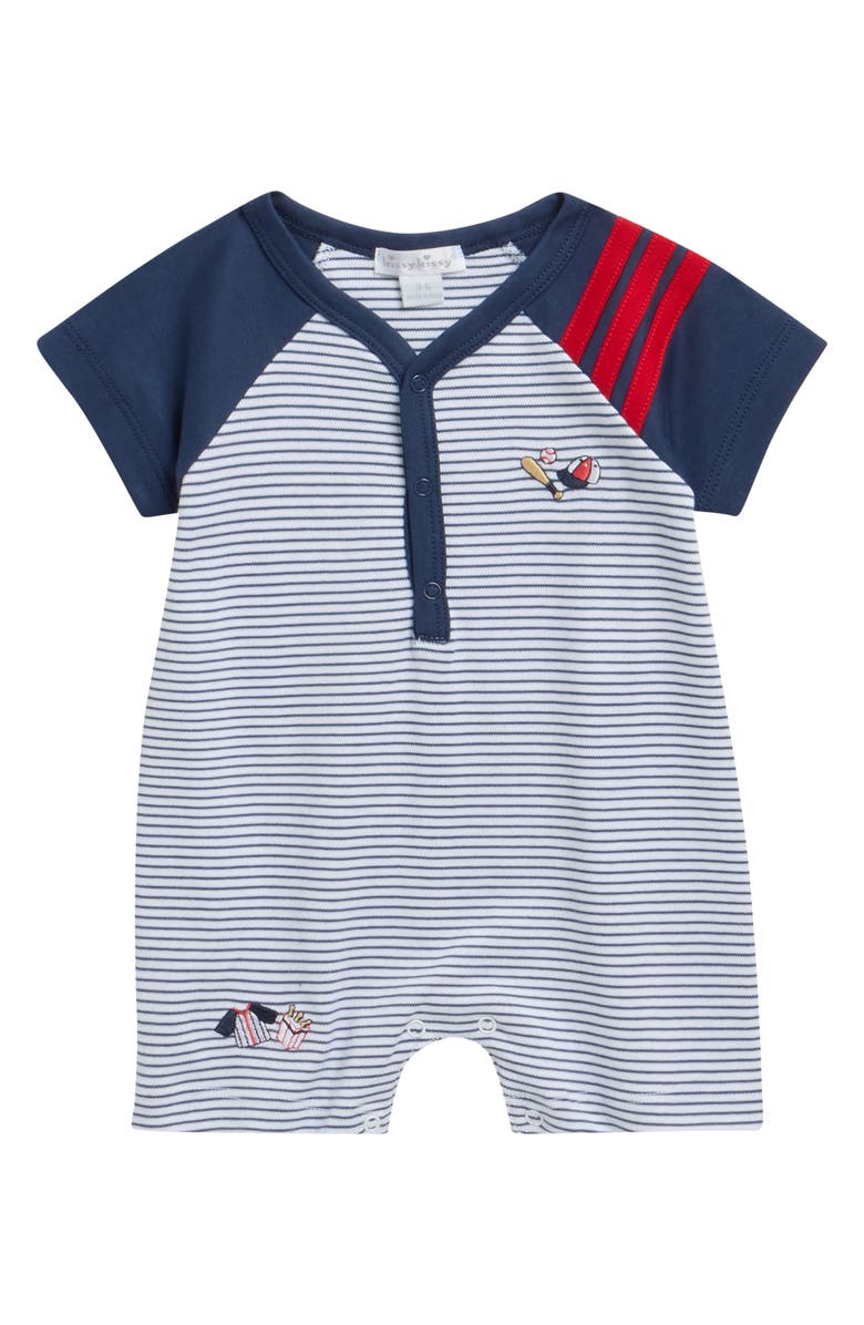 Kissy Kissy Baseball Embroidered Pima Cotton Romper, Main, color, Navy