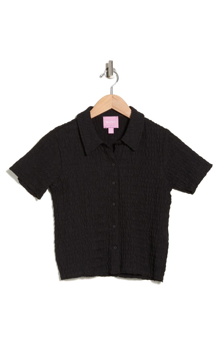 Muse Short Sleeve Textured Button-Up Crop Top, Alternate, color, Black
