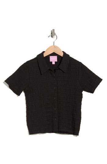 Muse Short Sleeve Textured Button-up Crop Top In Black