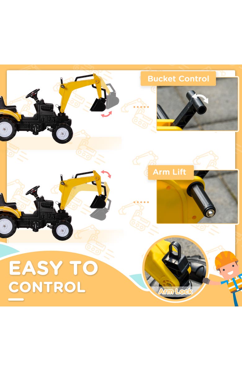 Aosom Kid's Pedal Digger Construction Car with Horn, Detachable Trailer, Alternate, color, Yellow