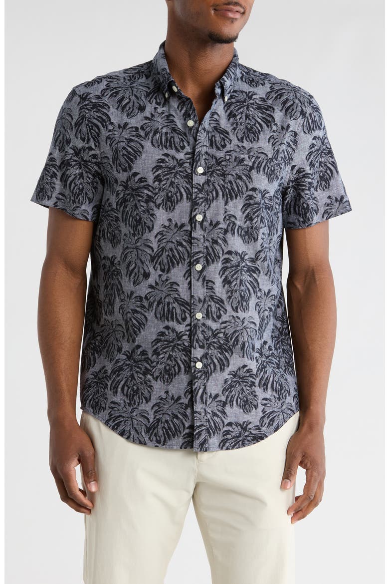 Print Short Sleeve Button-Up Shirt, Main, color, DARK SAPPHIRE