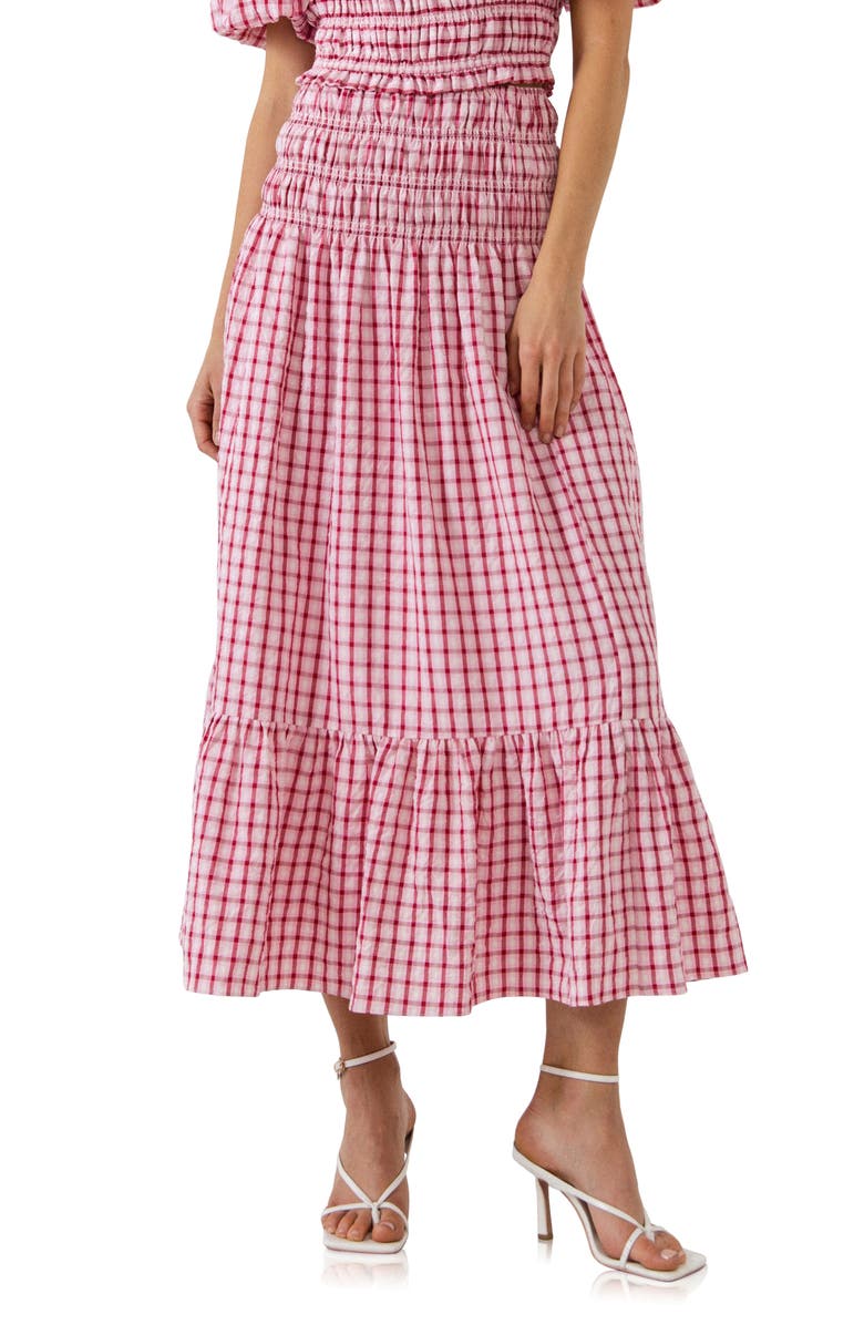 English Factory Tiered Gingham Maxi Skirt, Main, color, 