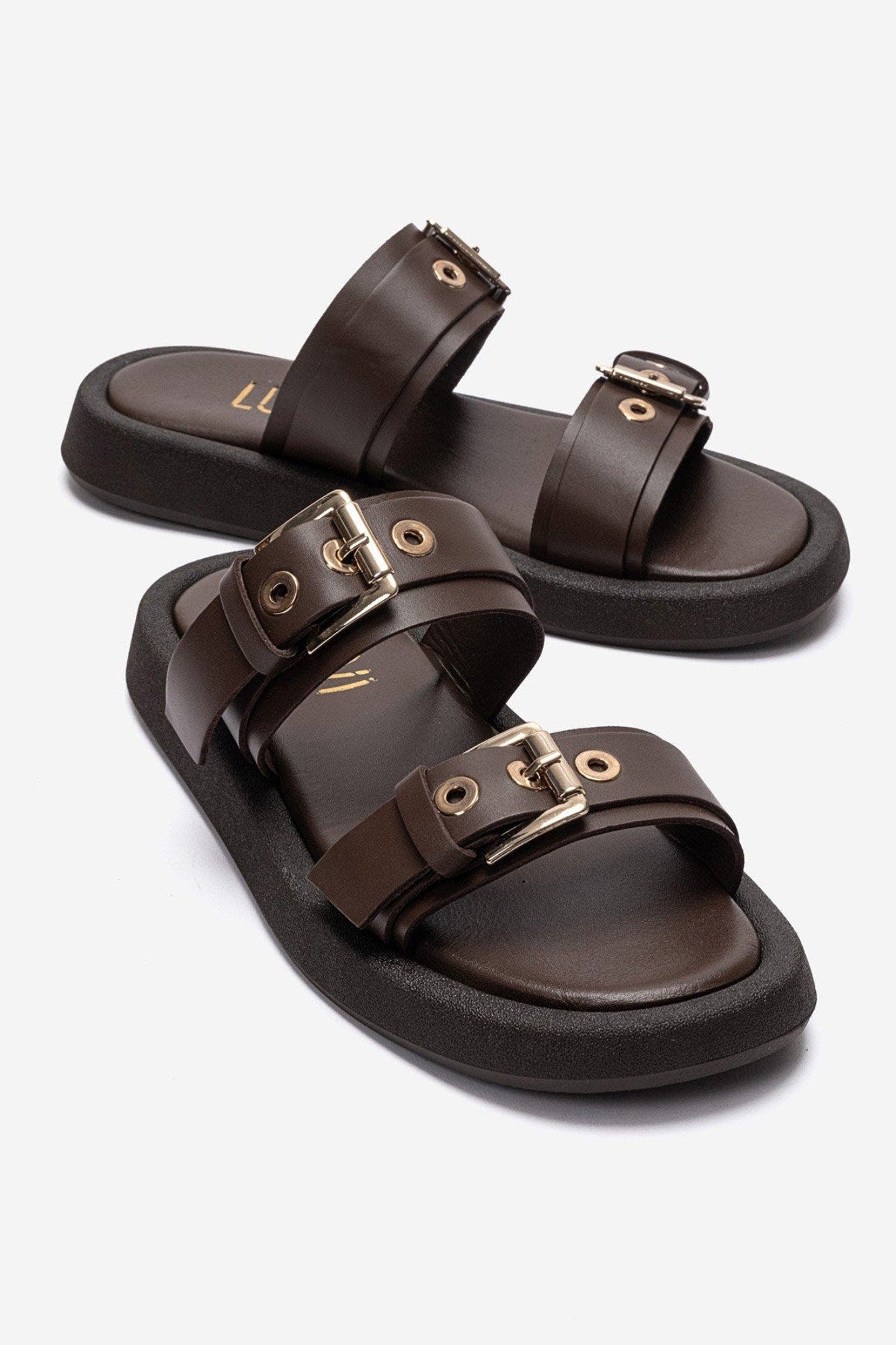 Dorel Leather Buckle Sandal, Main, color, Brown