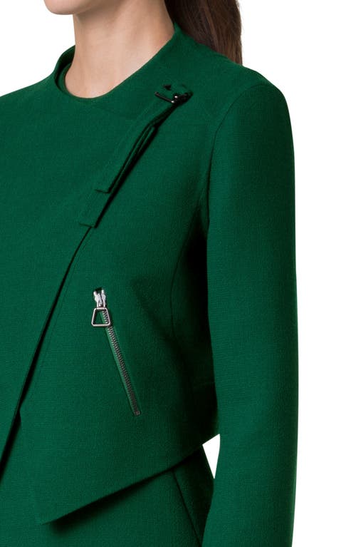 Akris Ariel Asymmetric Virgin Wool Crepe Crop Jacket In Pine Green