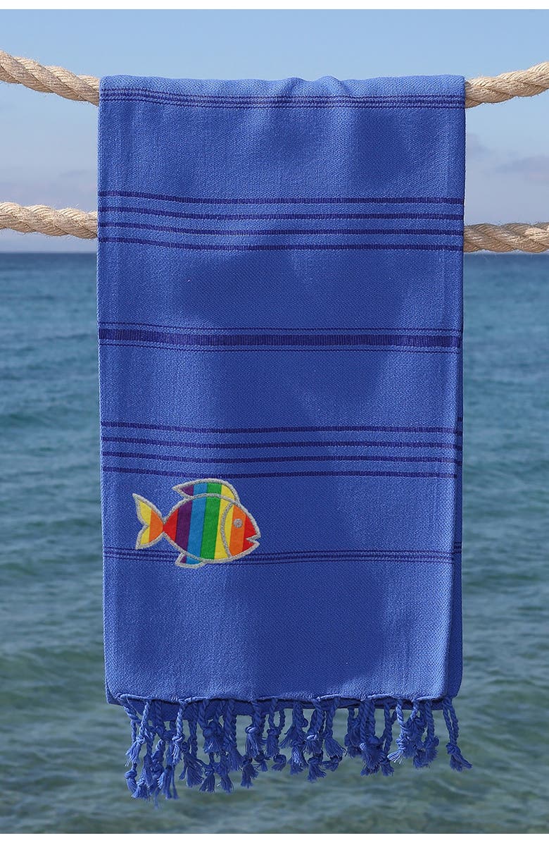Linum Home Textiles 100% Turkish Cotton Summer Fun Sparkling Rainbow Fish Pestemal Beach Towel - Royal Blue, Alternate, color, 