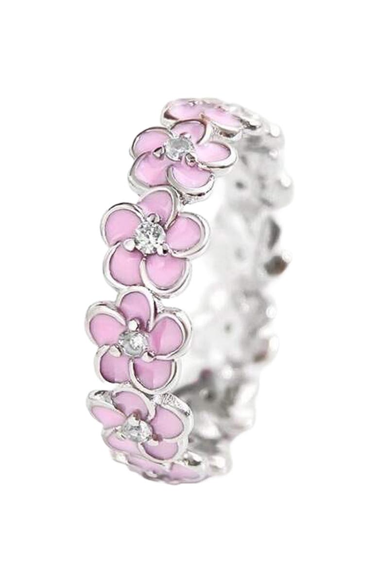 House of Frosted 14K White Gold Plate Sterling Silver Enamel Floral Ring, Main, color, White Gold/ Purple