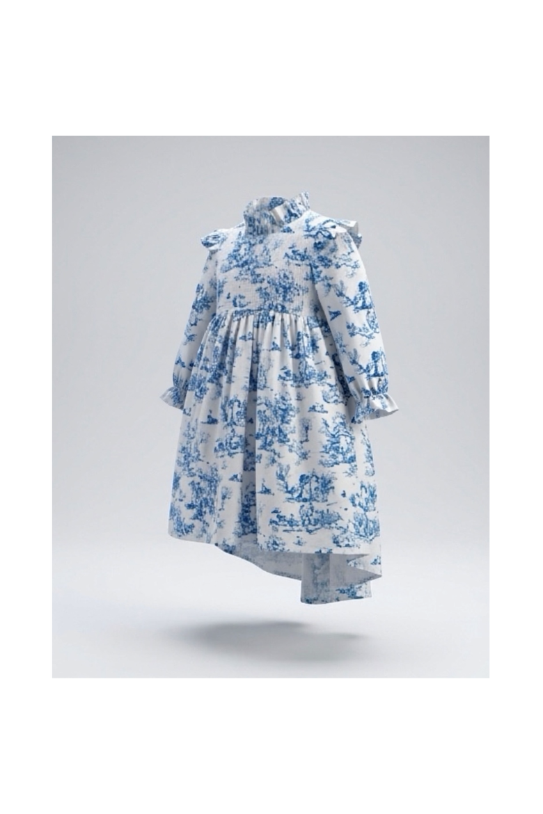 Aoki Blue Toile Long Sleeve Dress, Alternate, color, 3-4Y