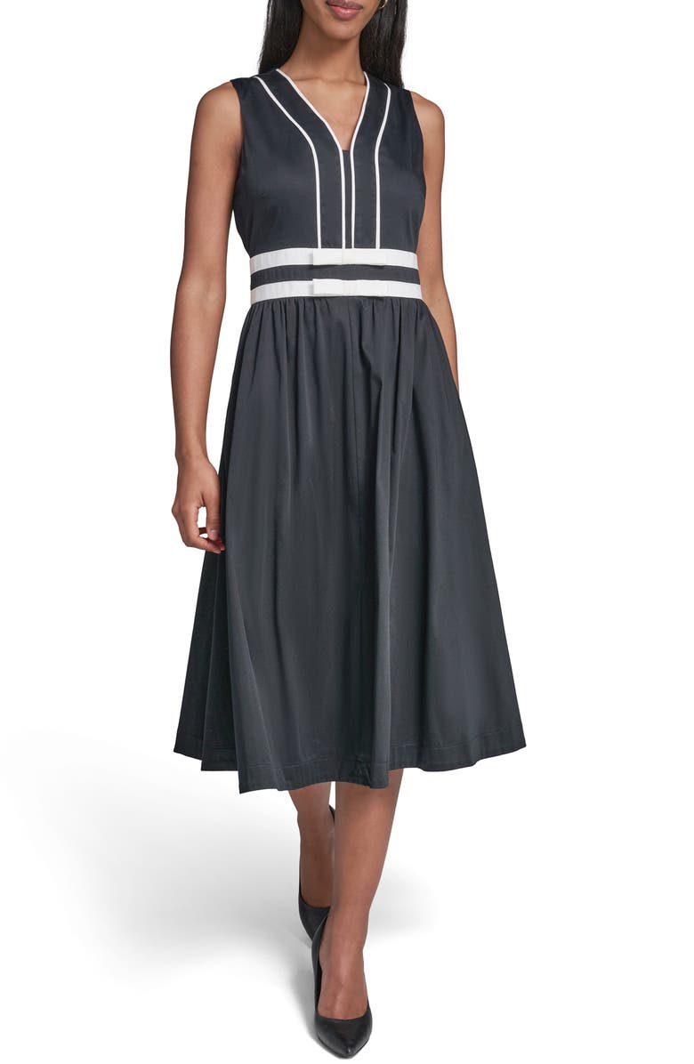 KARL LAGERFELD PARIS Bow Detail Sleeveless Stretch Cotton Dress, Main, color, 