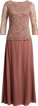 Pisarro Nights Beaded Bodice Satin Gown