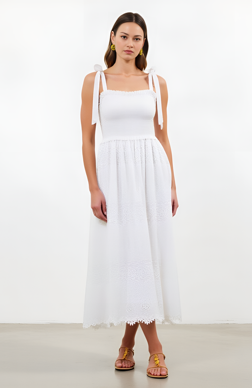 Modenaire Smocked Lace Eyelet Maxi Dress With Scalloped Hem In White