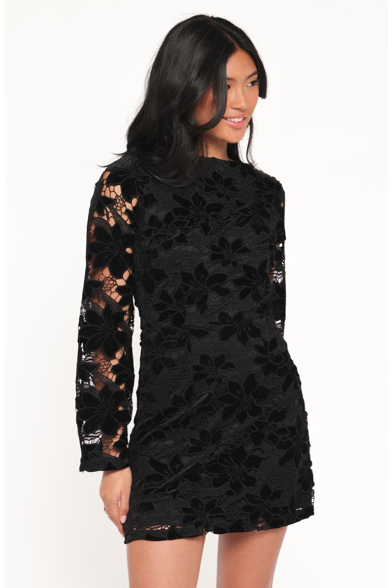 Cynthia Lace & Velvet Long Sleeve Minidress, Alternate, color, BLACK