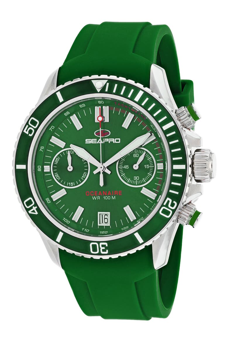 Oceanaire Chronograph Silicone Strap Watch, Main, color, GREEN