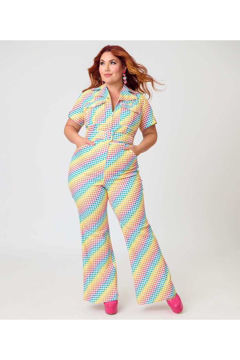 Plus Size Retro Flare Jumpsuit, Alternate, color, Yellow Rainbow Heart Print