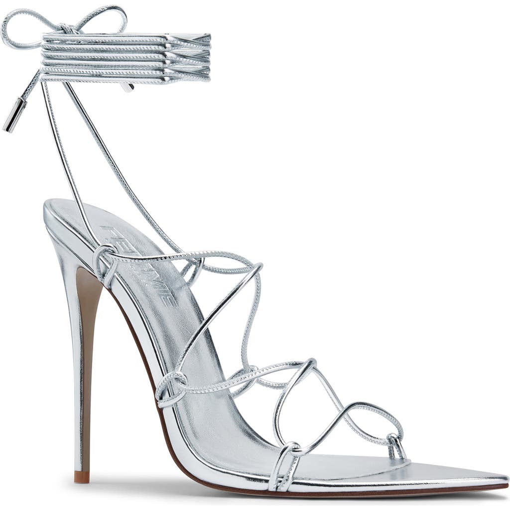 Femme La Sin Ankle Wrap Pointed Toe Sandal In Silver