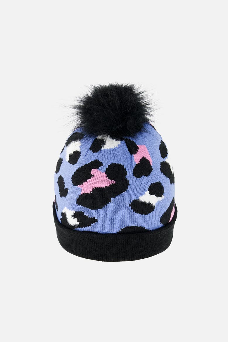 Winter Leopard Jacquard Fleece-Lined Pompom Knit Hat, Alternate, color, Blue Leopard Print