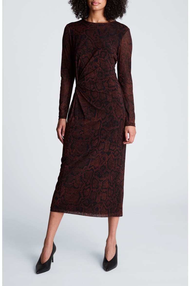 Knot Front Long Sleeve Midi Dress, Main, color, MEDIUM BARK MULTI
