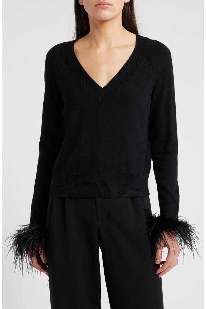 Feather Cuff V-Neck Sweater, Main, color, BLACK