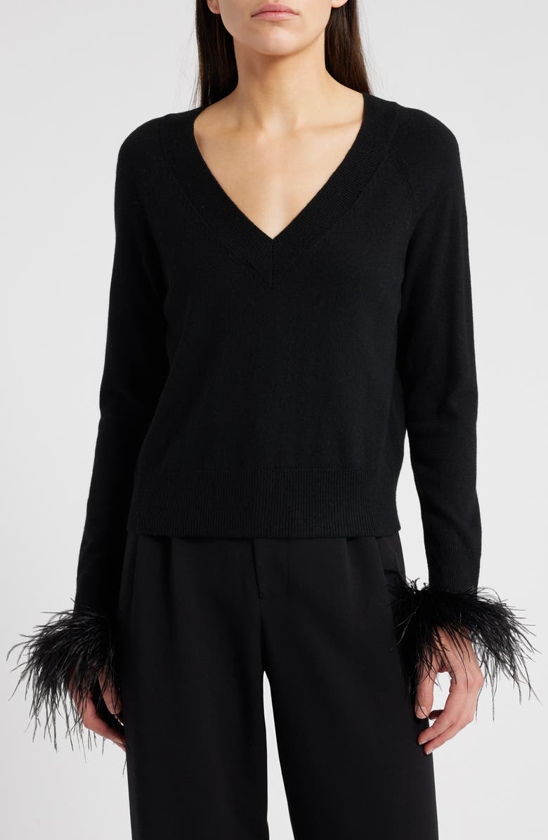 Milly Feather Cuff V-Neck Sweater, Main, color, 