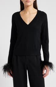 Milly Feather Cuff V-Neck Sweater