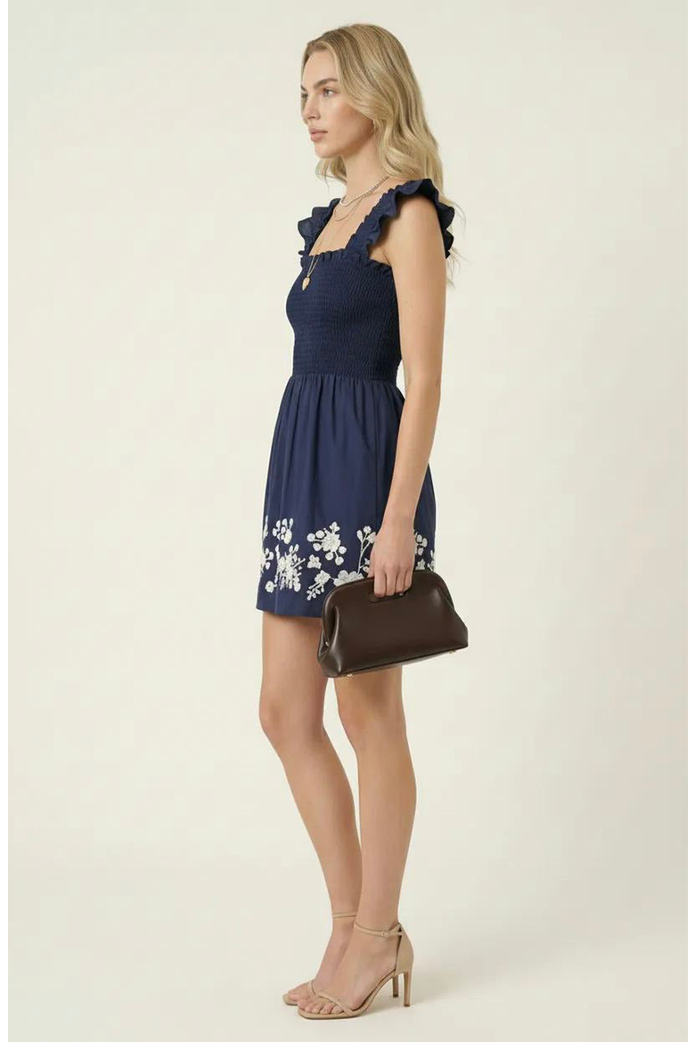 Smocked Ruffle Strap Mini Dress with Floral Embroidery Hem, Alternate, color, Blue