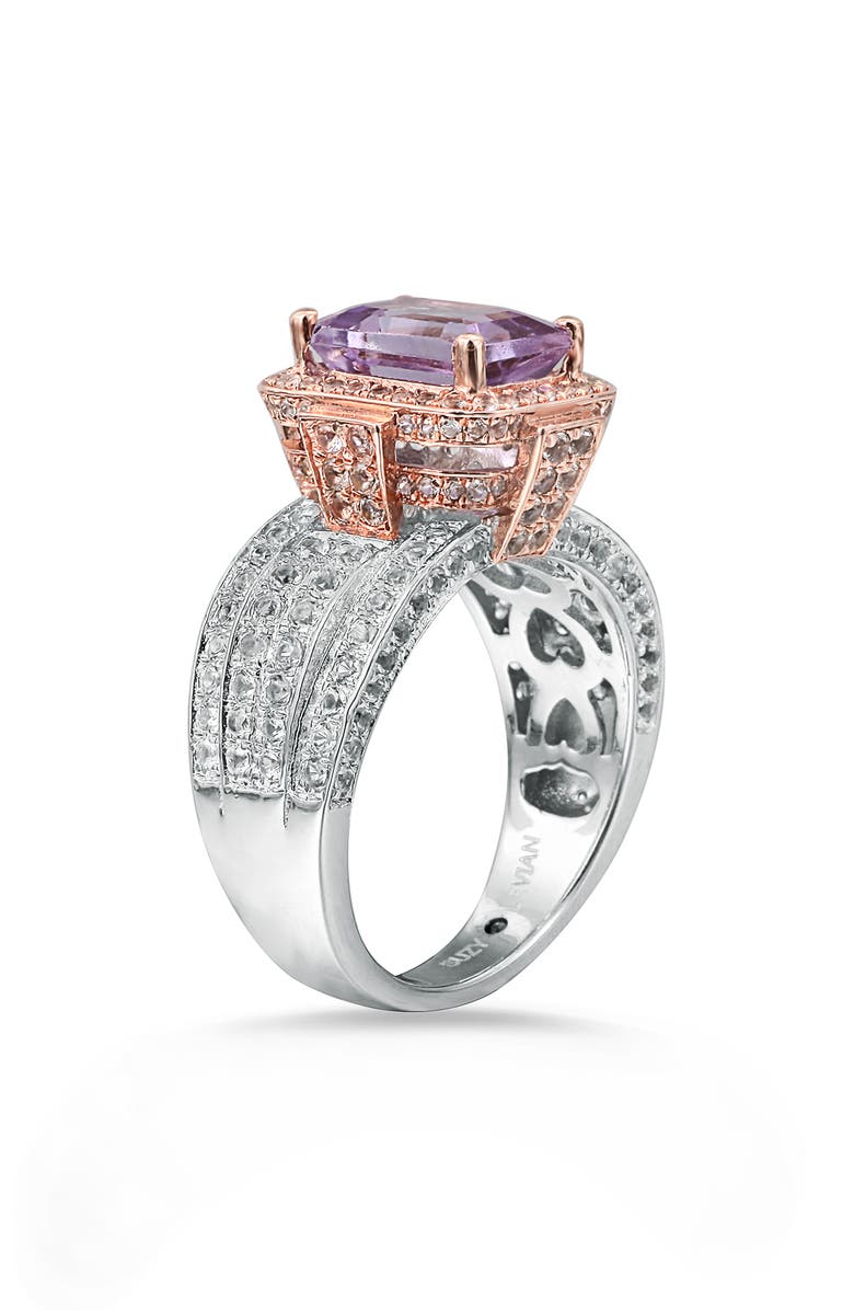 SUZY LEVIAN Two-Tone Emerald Cut Semiprecious Stone & White Topaz Halo Ring, Alternate, color, Pink
