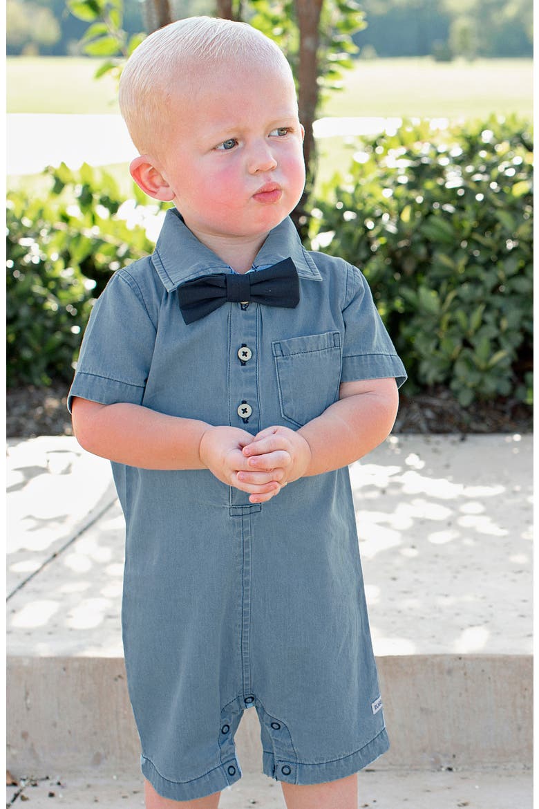 Chambray Romper & Bow Tie Set, Alternate, color, DENIM