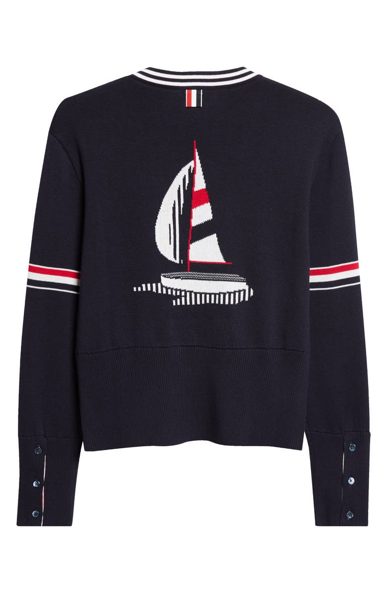 Thom Browne Sailboat Jacquard Cotton Cardigan, Alternate, color, Navy