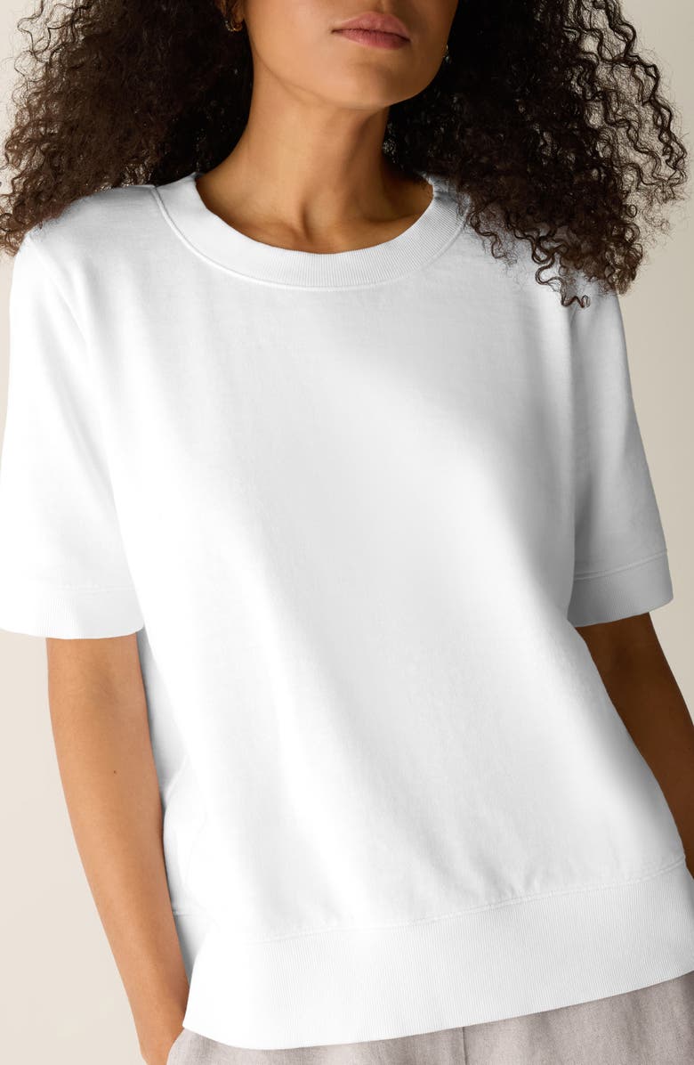 Eileen Fisher Short Sleeve Organic Cotton Terry Sweatshirt, Alternate, color, White