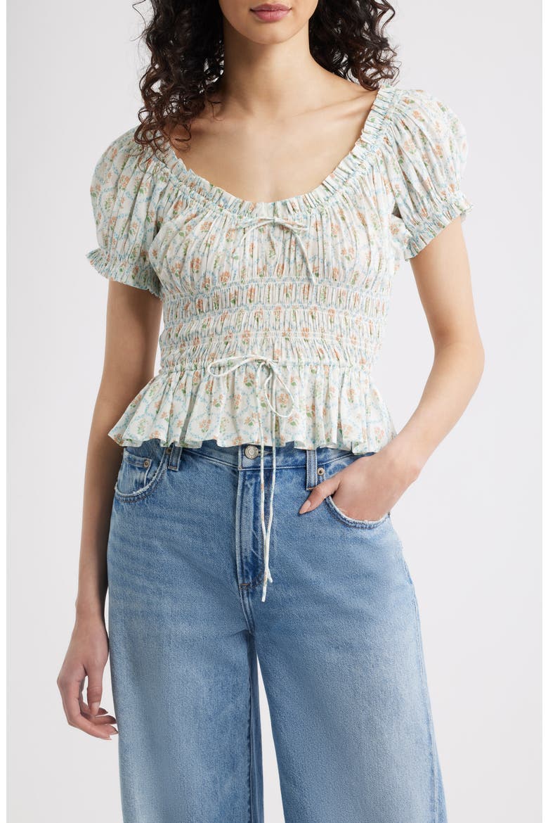Serena Ditsy Floral Shirred Peplum Top, Main, color, PEACH PEONY