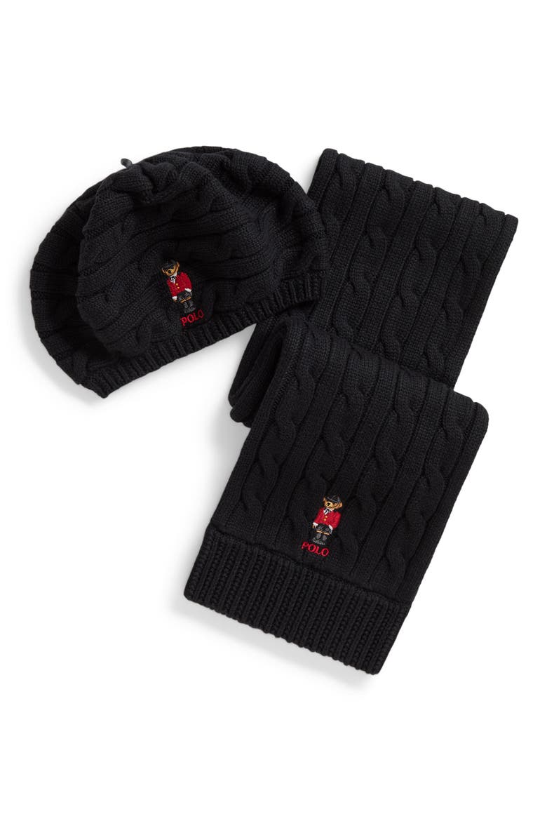 Kids' Polo Bear Cotton Hat & Scarf Set, Alternate, color, BLACK