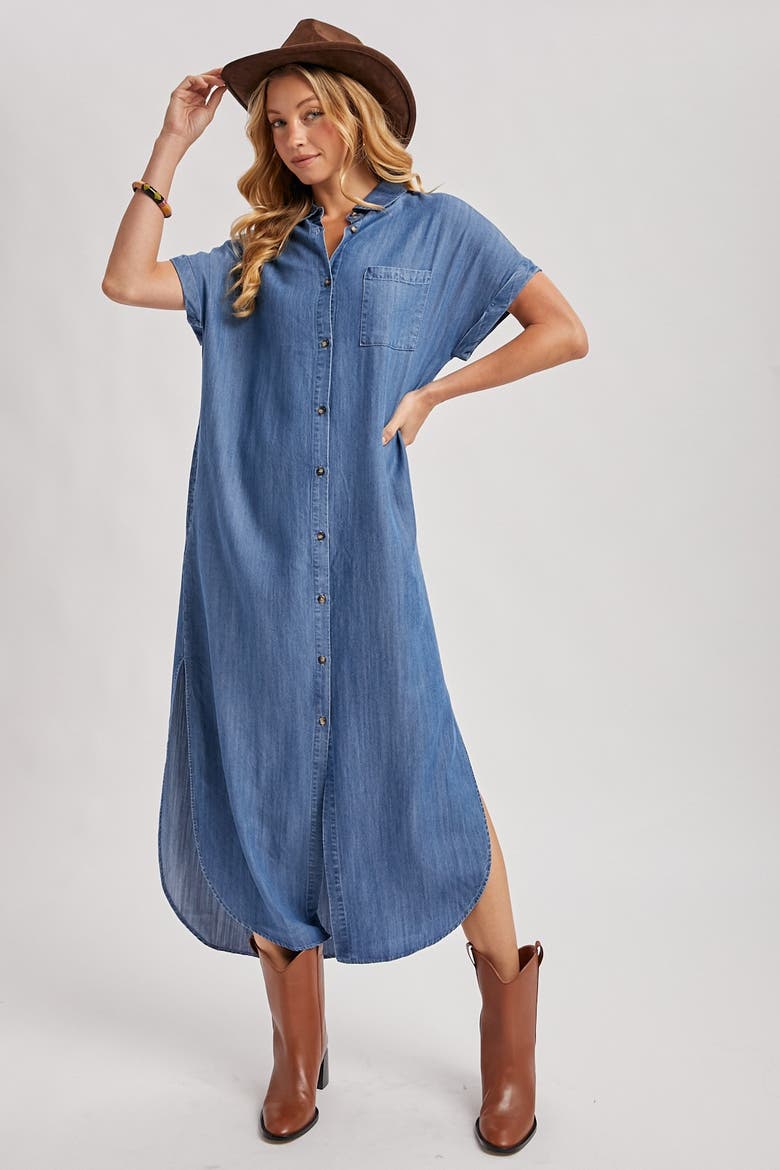 Chambray Button Down Shirt Dress, Alternate, color, Blue