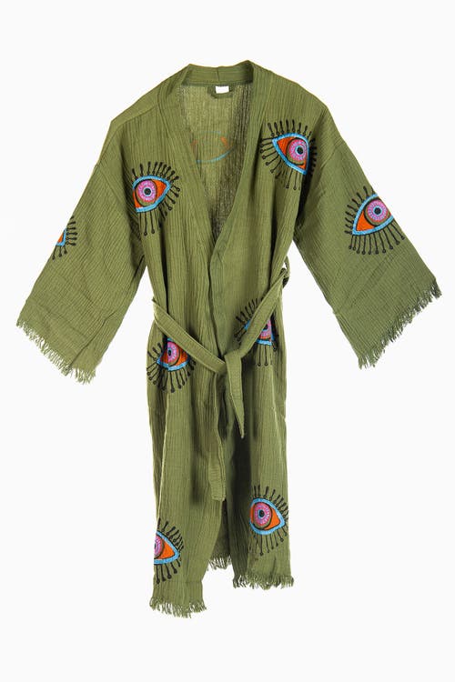 Forever & Always Shoes Aria Evil Eye Handmade Cotton Kimono In Green