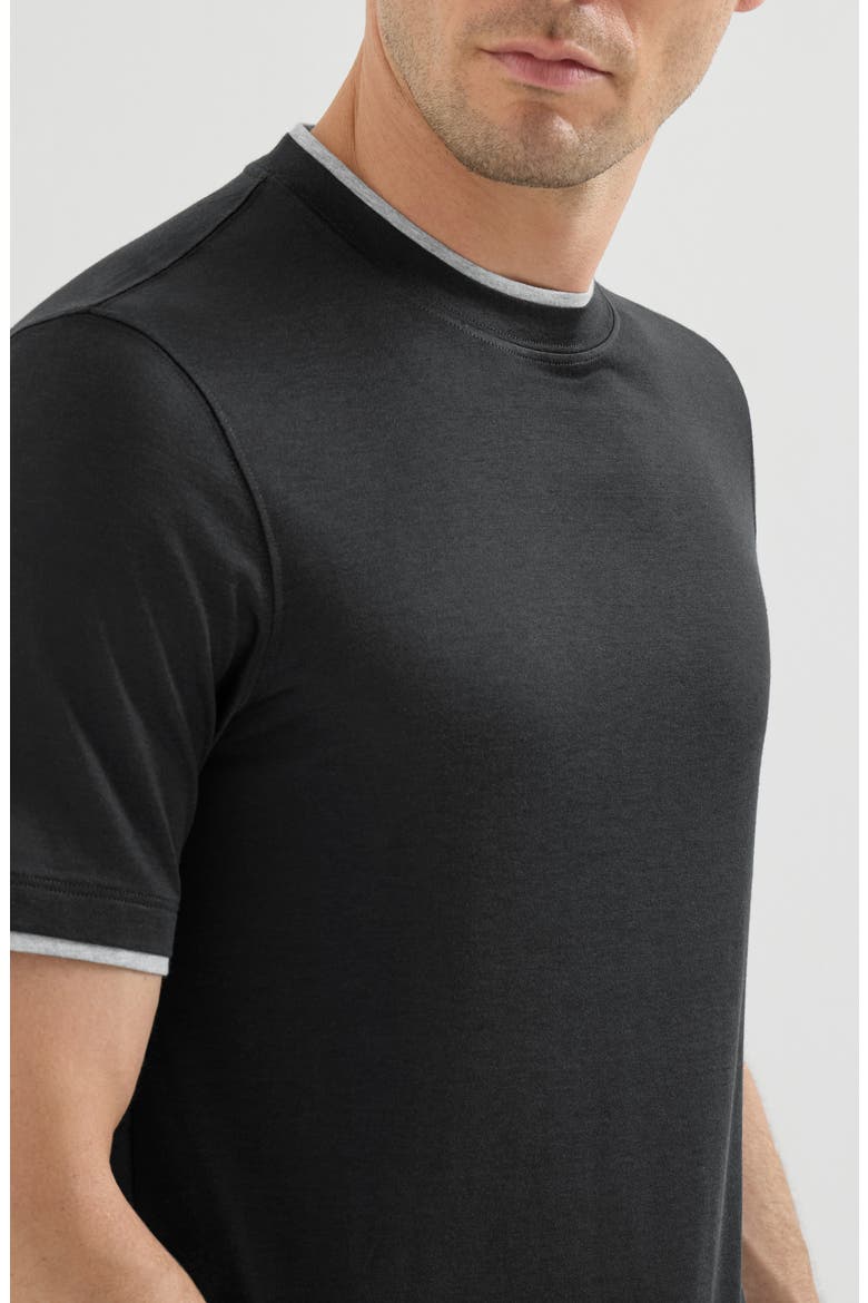 Silk and cotton lightweight jersey crew neck T-shirt with faux-layering, Alternate, color, Black