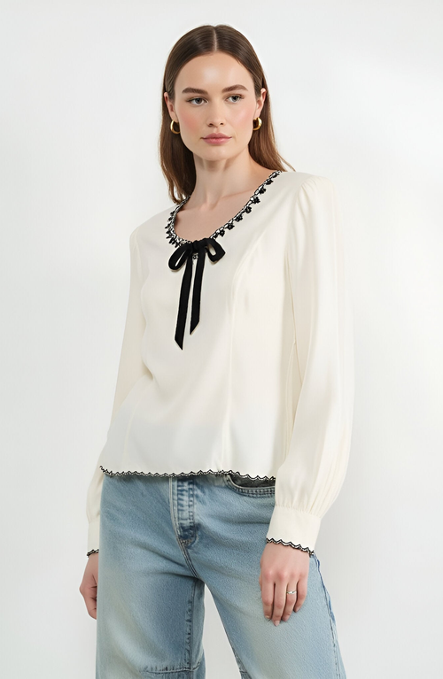 Modenaire Embroidered Blouse With Velvet Bow In White