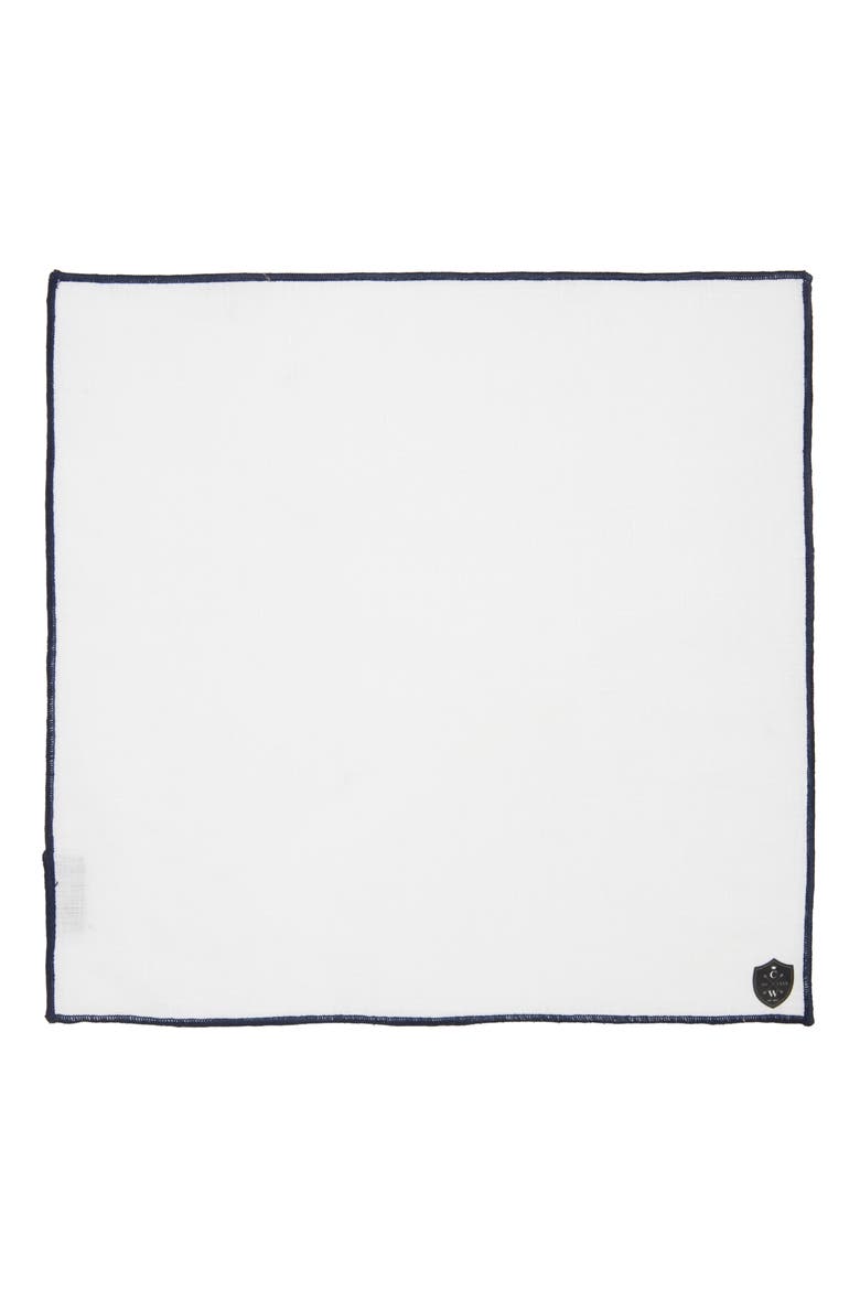 White Linen Pocket Square with Navy Trim, Alternate, color, NAVY