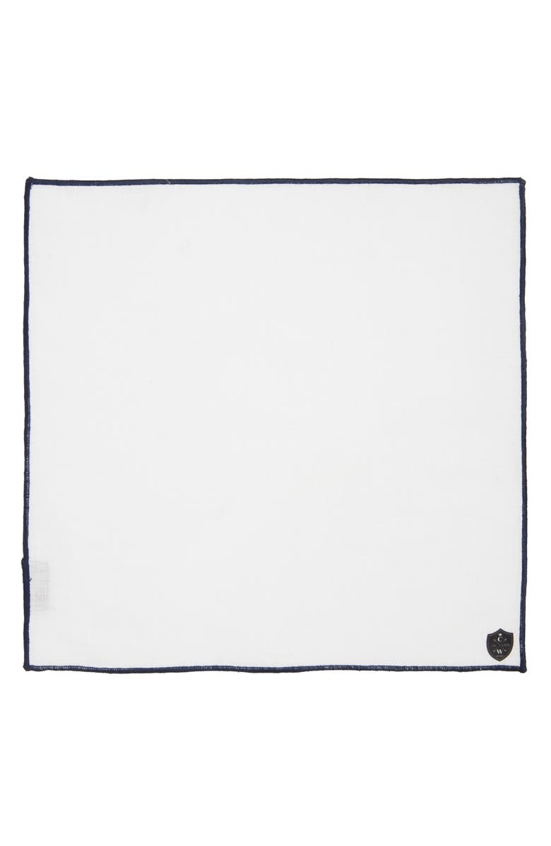 CLIFTON WILSON White Linen Pocket Square with Navy Trim, Alternate, color, Navy