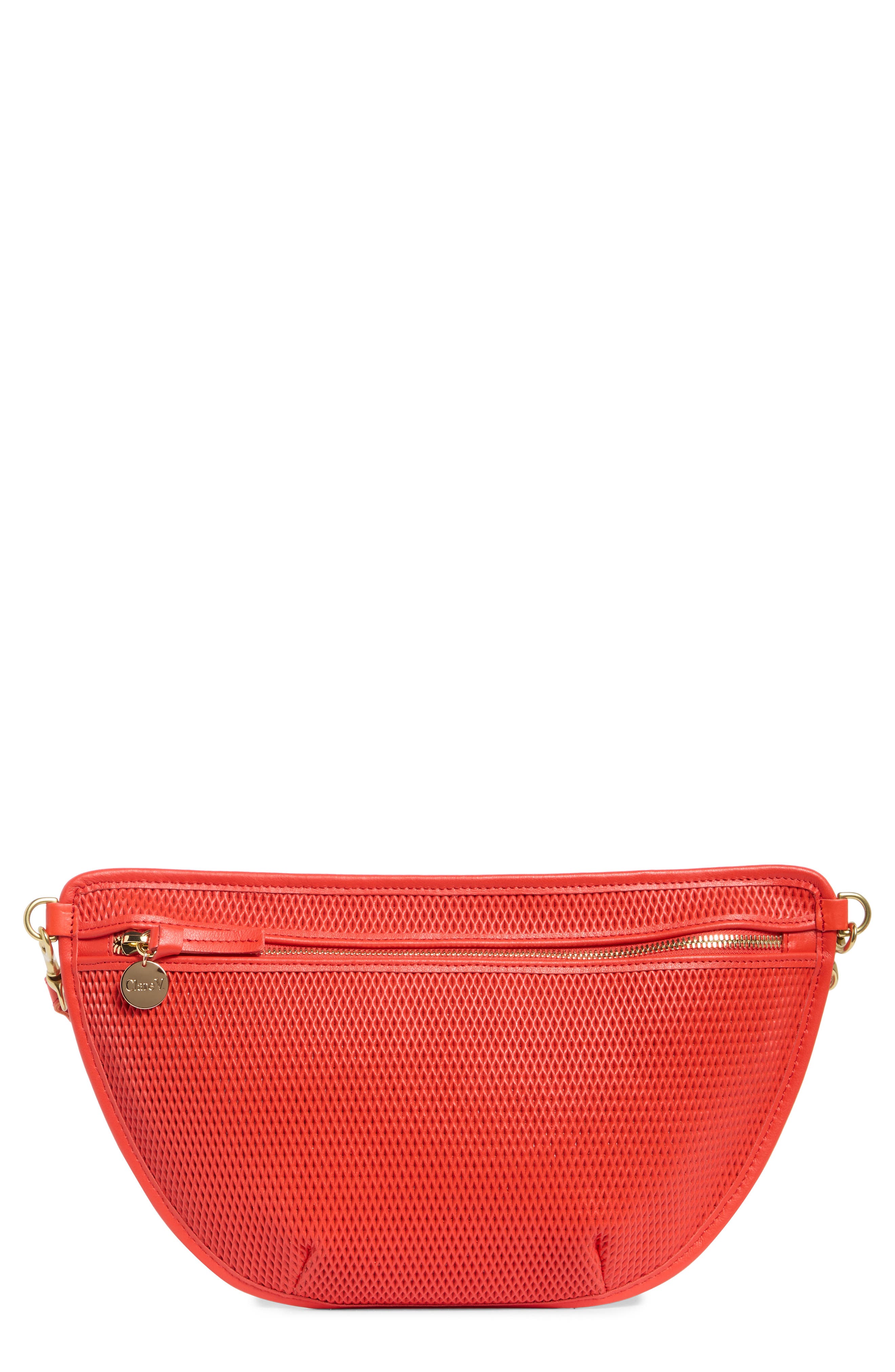 Clare V. Grande Diamond Perforated Leather Belt Bag, Main, color, Bright Poppy