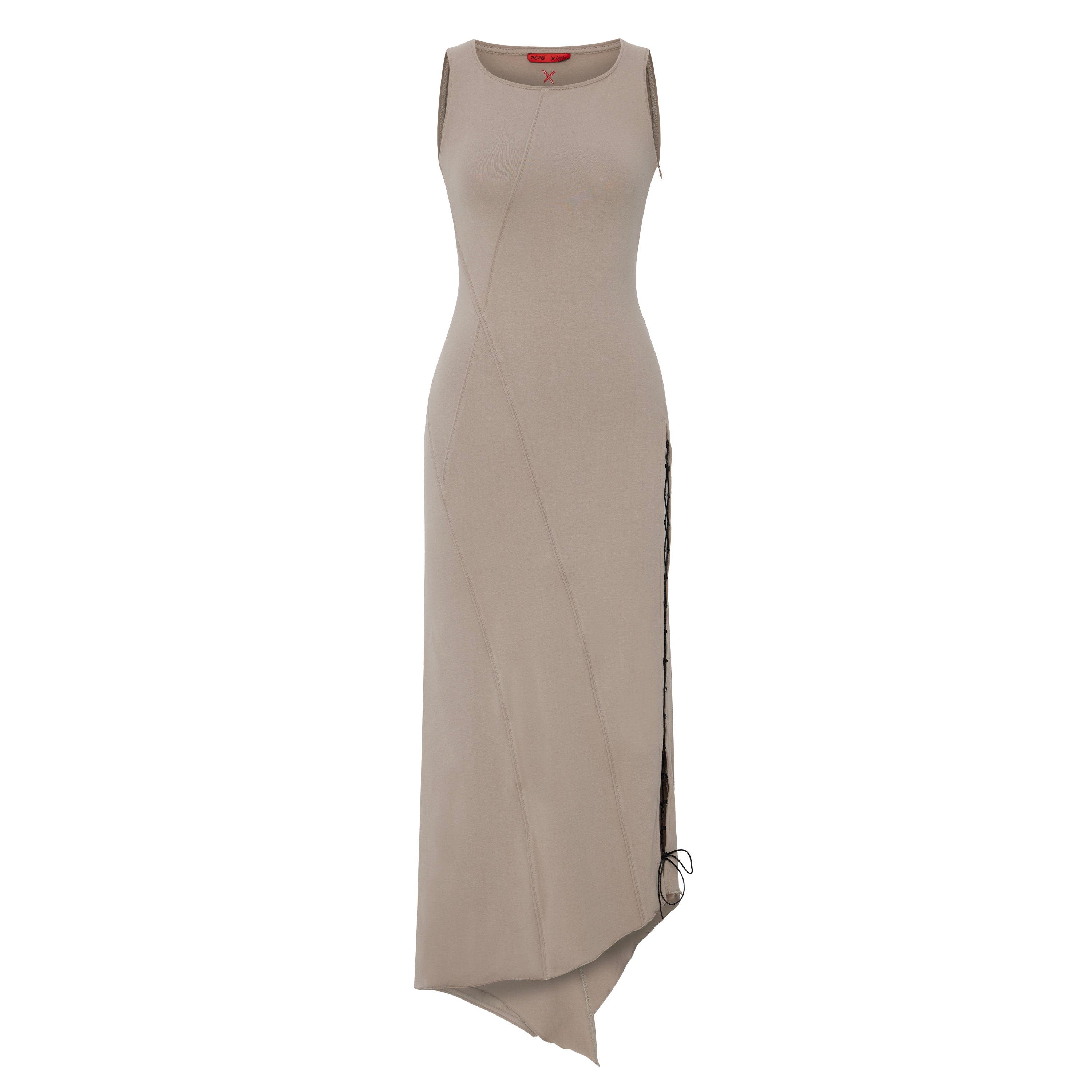 Pcfg Cotton Long Dress With Slit Detail In Brown