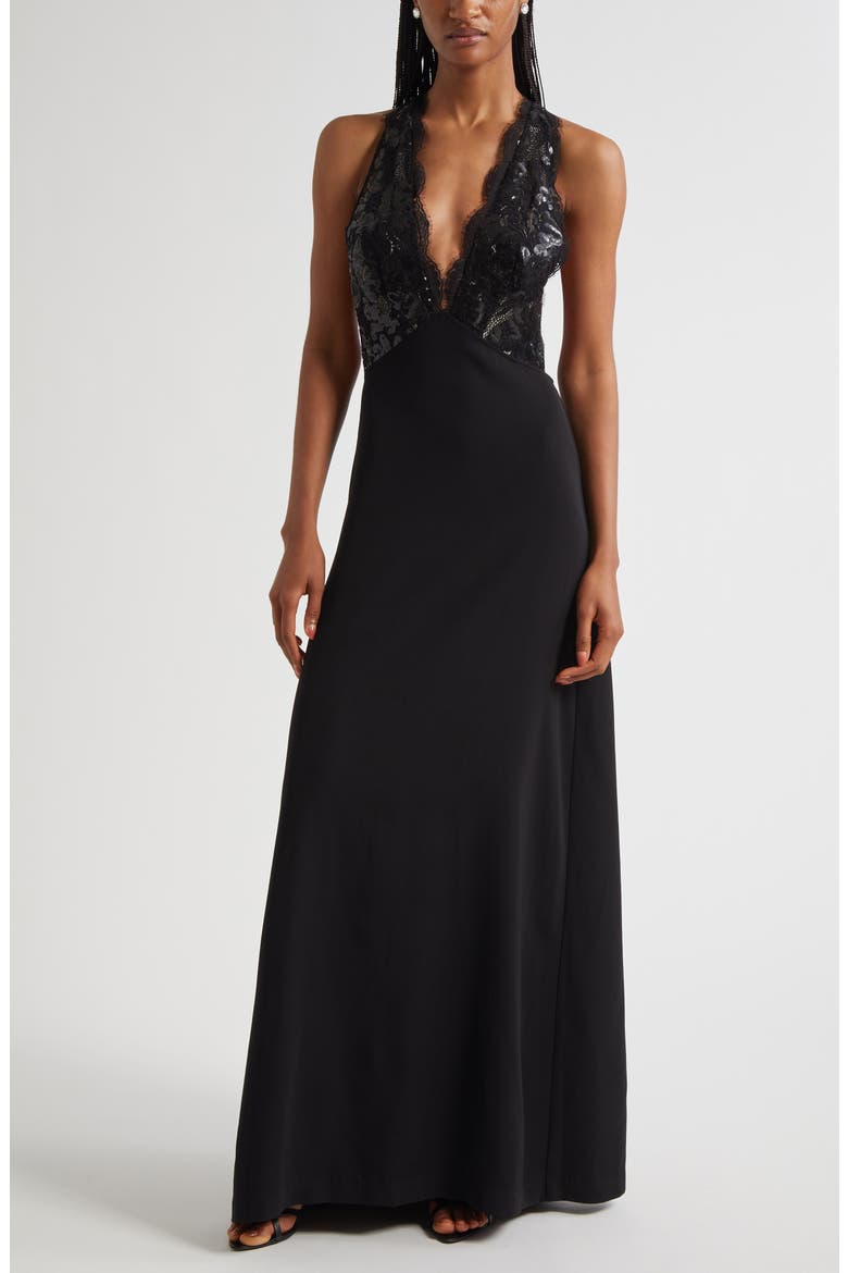 Chantal Plunge Neck Mixed Media Gown, Main, color, BLACK COMBO
