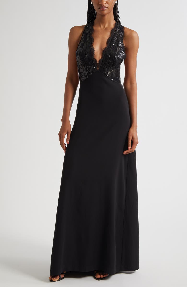 Ramy Brook Chantal Plunge Neck Mixed Media Gown, Main, color, Black Combo