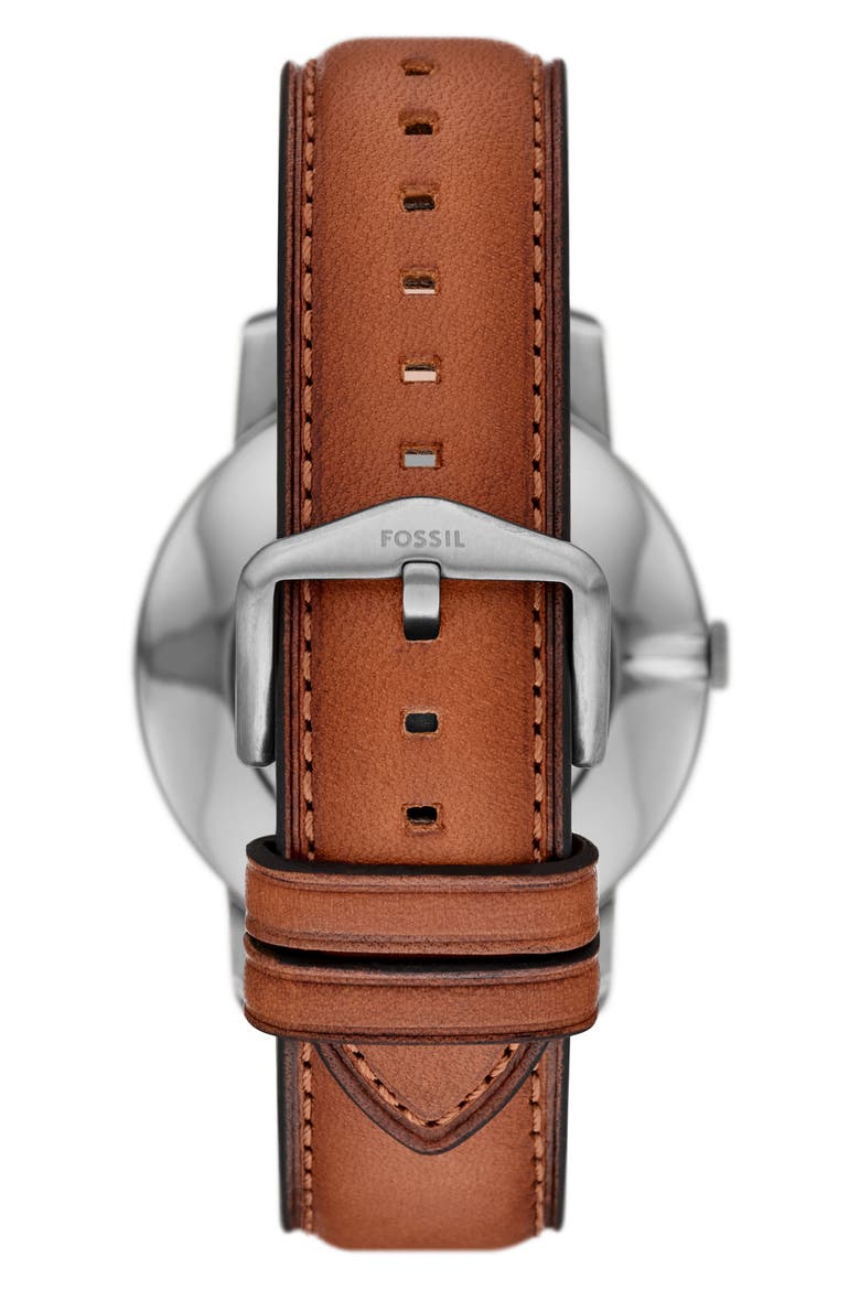 Minimalist Leather Strap Watch, 44mm, Alternate, color, BROWN / SILVER