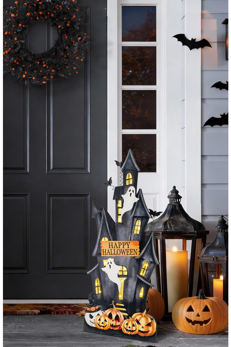30"H Halloween Lighted Wooden Haunted House Porch Decor, Alternate, color, Black