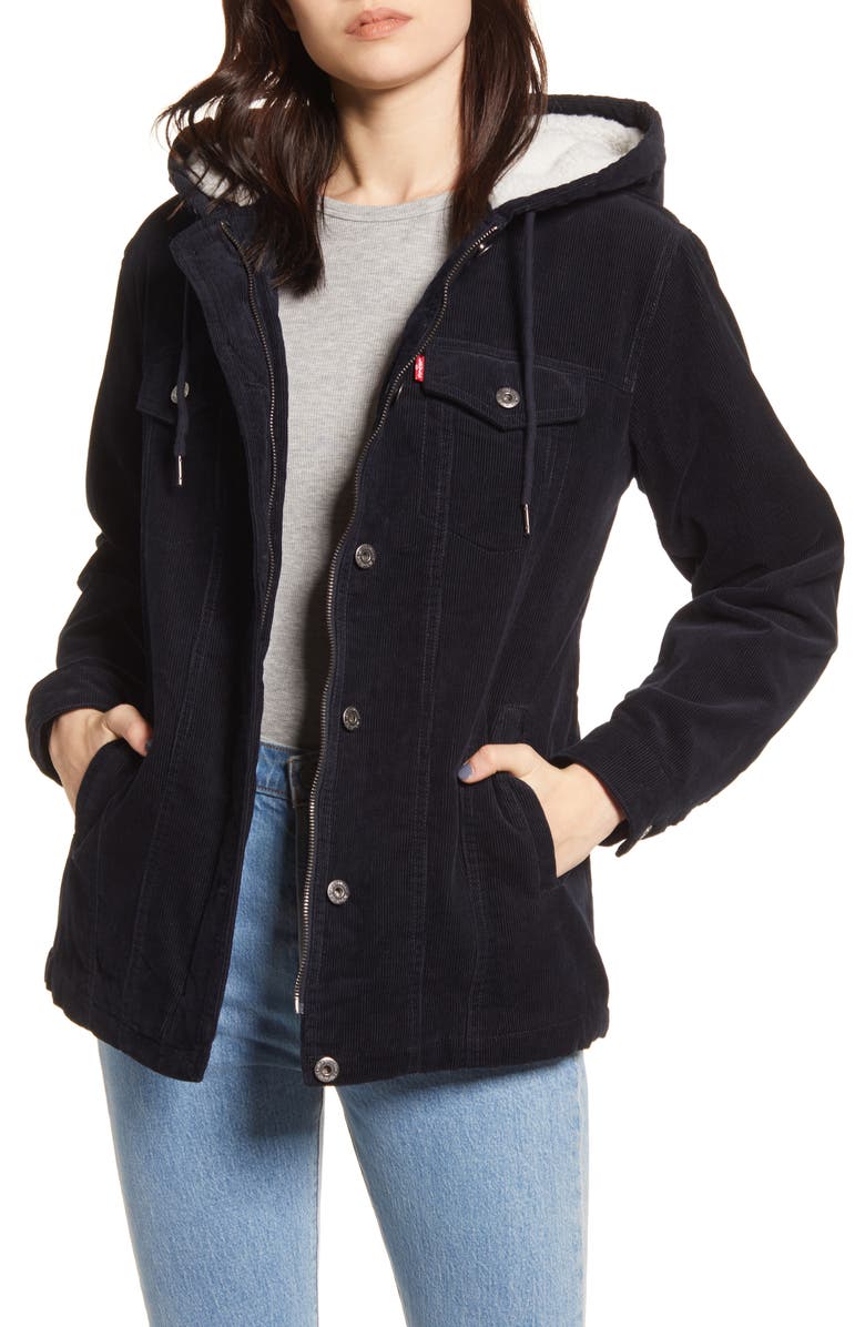 Levi's<sup>®</sup> Hooded Corduroy Trucker Jacket with Faux Shearling Lining, Main, color, 
